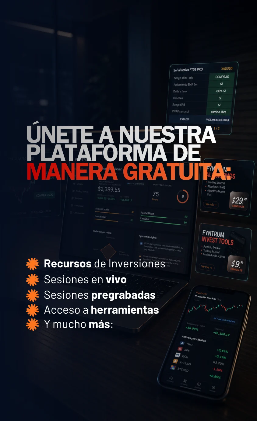 Portátil y móvil con las herramientas de Fyntrum, junto a la lista de lo que incluye la plataforma gratuita: recursos de inversiones, sesiones en vivo, sesiones pregrabadas y acceso a herramientas